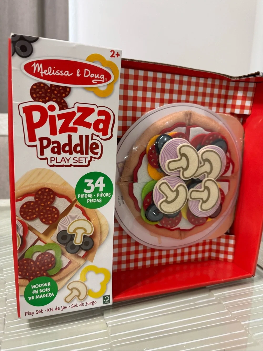 Melissa & Doug Wooden Pizza Paddle Play Set - Red, Brown, Green, Yellow